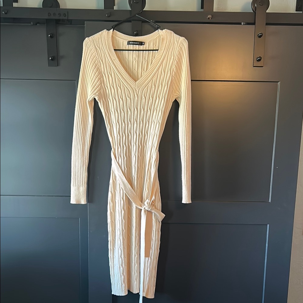 Zara Cream Ribbed Tie Front Sheath Dress